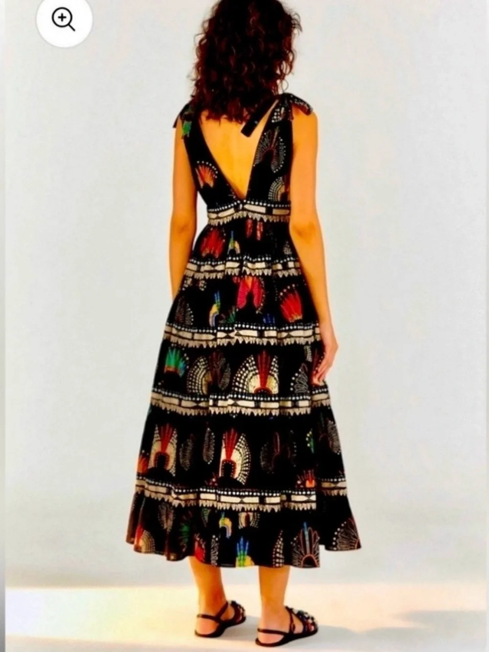Farm Rio Sz S Boho Tiered Black Maxi Dress w Colorful Floral Embroidered Motif